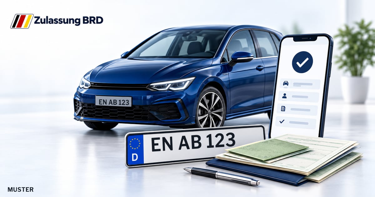 Online Fahrzeugzulassung in Sprockhövel: Musterkennzeichen EN AB 123, Auto und Fahrzeugpapiere und Smartphone. Illustration mit Logo von Zulassung BRD.